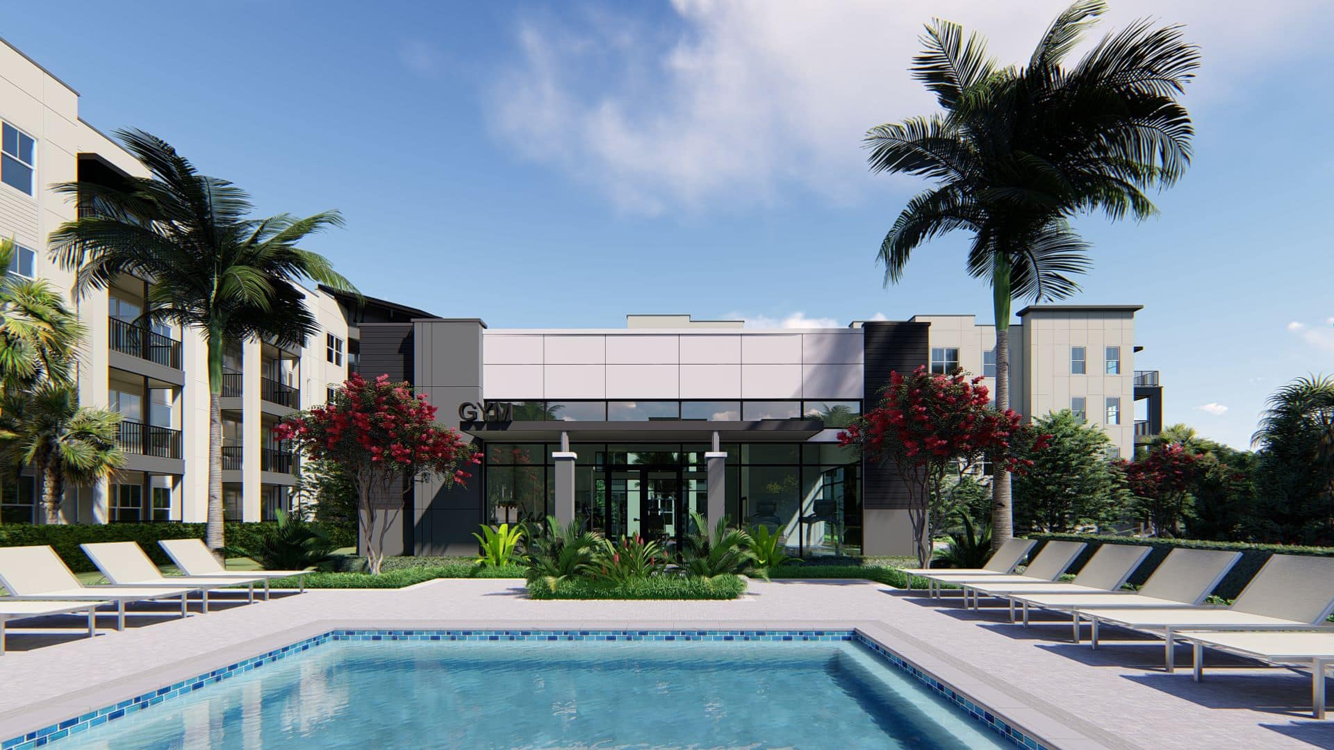 Swimming pool with cabanas at Vue at the Ridge luxury apartments in Apopka