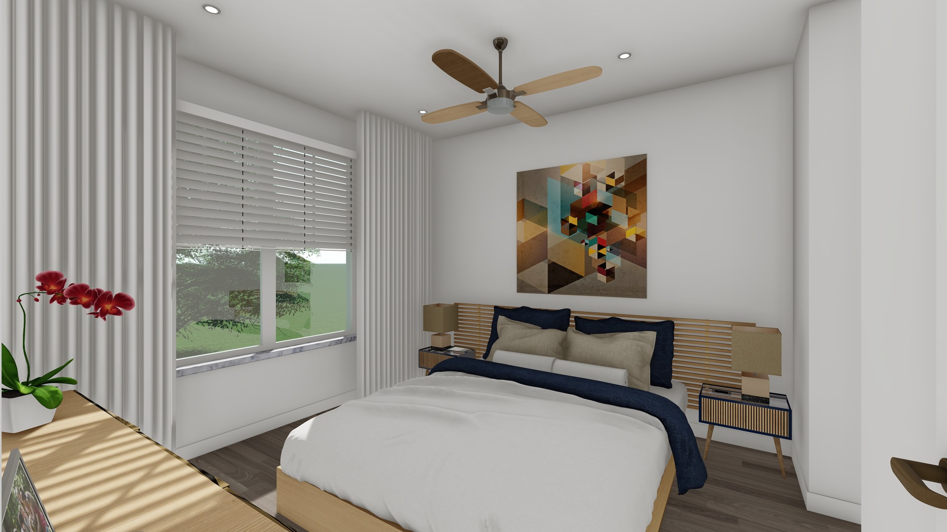 Modern bedroom at Vue at the Ridge pet-friendly apartments in Apopka, FL