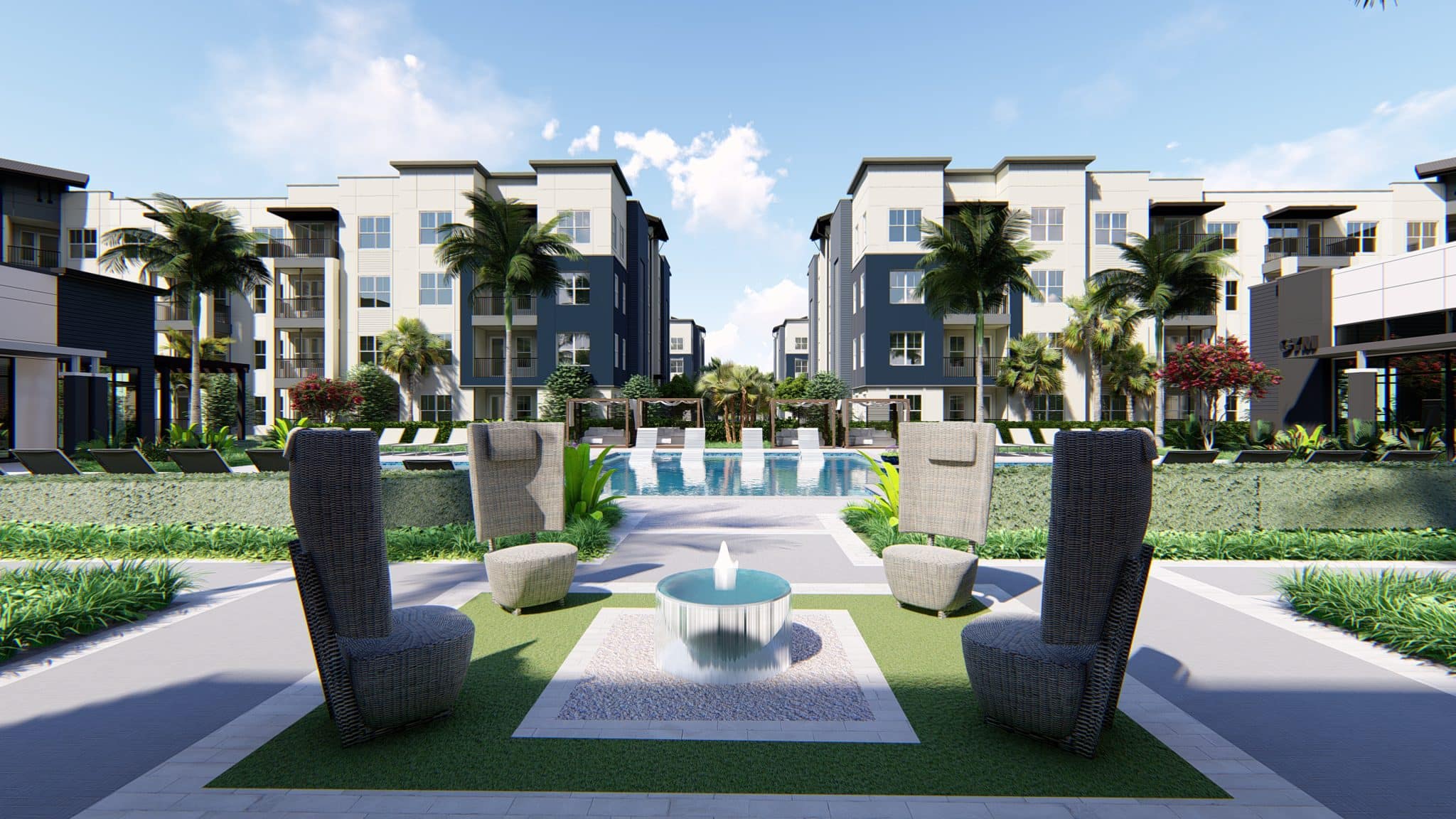 Outdoor view of the pool and apartment buildings at Vue at the Ridge apartments for rent in Apopka